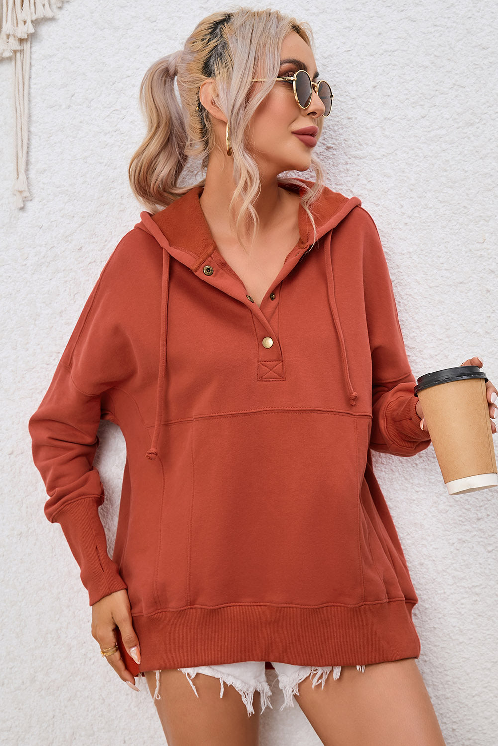 Brick Red Color Drop Shoulder Half Button Pullover Hoodie