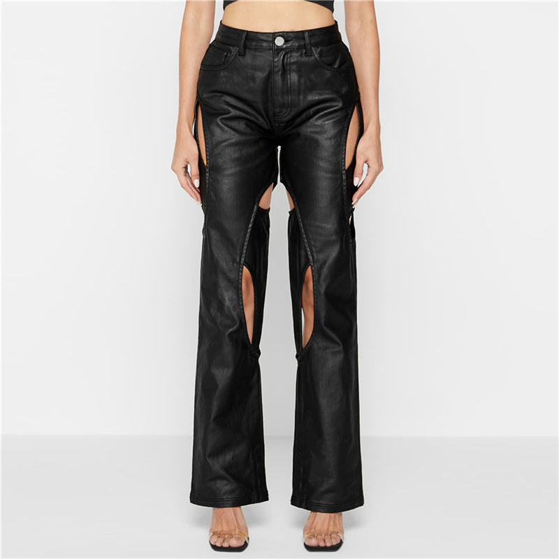 High Waist Straight Hollow Faux Leather Pants