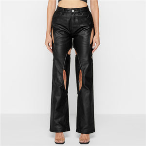 High Waist Straight Hollow Faux Leather Pants
