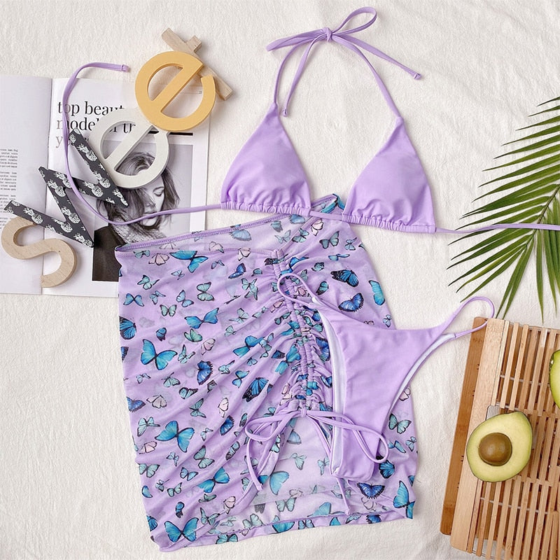 Butterfly Print High Waist Three Piece Mesh Triangle Swimsuit