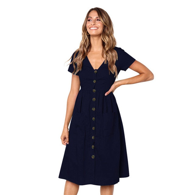 Solid V-neck Button Bohemian Casual Cotton Midi Dress