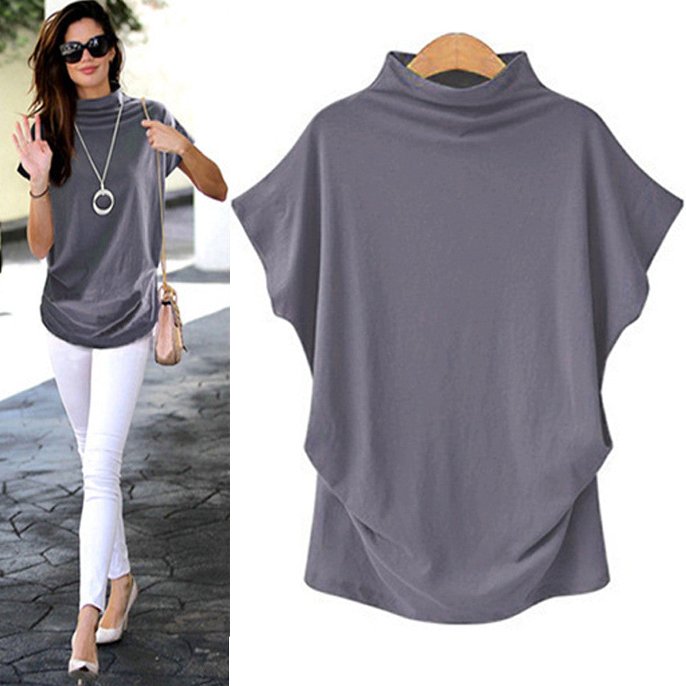 Solid Turtleneck Short Sleeve Blouse (6 colors)