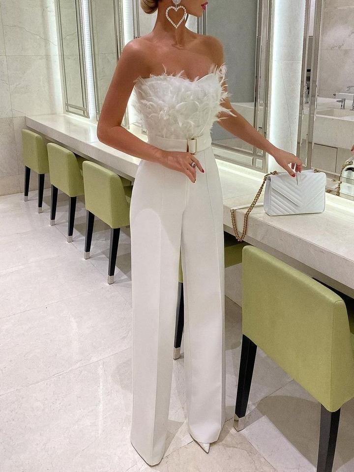 Feather Detailed Tube Top Jumpsuit