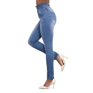 Stretchy Denim Skinny Button Front High Waist Jeans