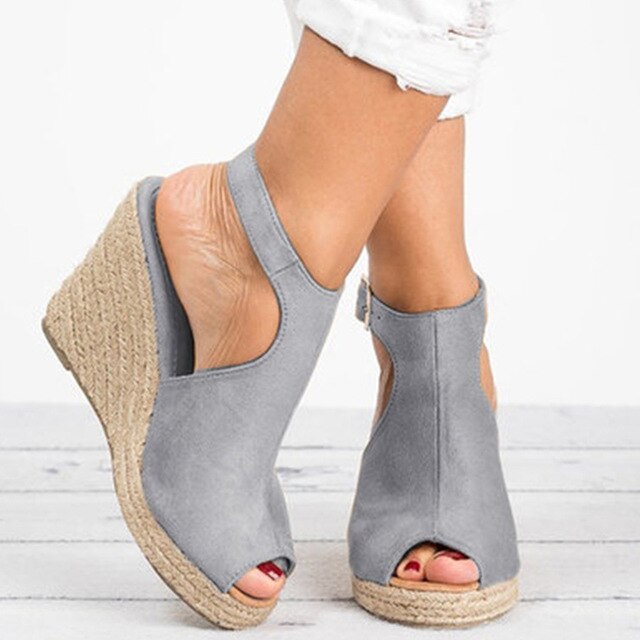 Peep Toe Suede Wedge Ankle Strap Shoes