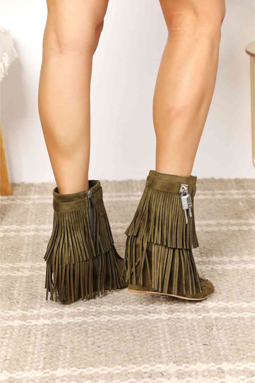 Legend Tassel Wedge Heel Chelsea Boots (Olive Color)