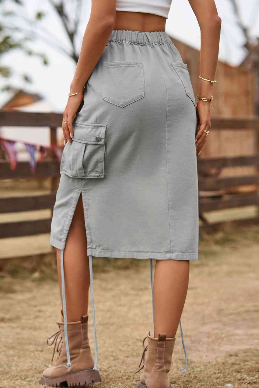 Drawstring Denim Cargo Midi Skirt (4 colors)