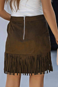 Minifalda con cremallera trasera y bolsillos con detalle de flecos (negro/marrón/rosa)