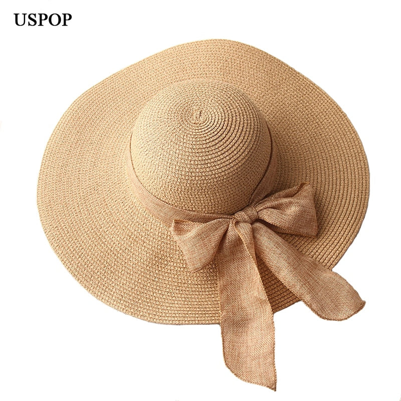 Hand Made Ribbon Bow-knot Wide Brin Straw Hat