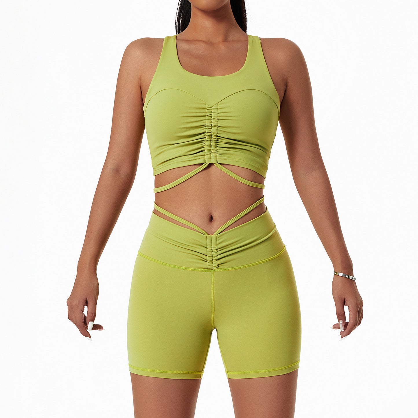 Solid Tank Drawstring Yoga Shorts Suit