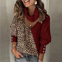 Cargar imagen en el visor de la galería, Suéter de punto con manga farol y botones de primavera con cuello alto y retales de leopardo (6 colores)