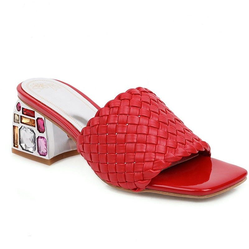 PU Leather Crystal Block Heel Slip On Sandals (4 colors)