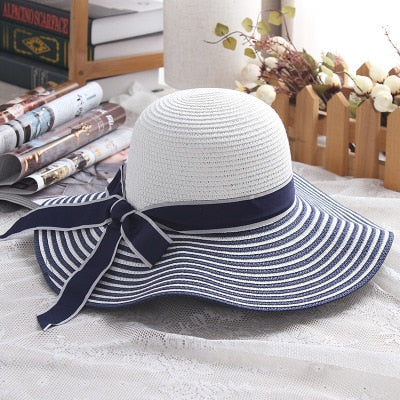 Hepburn Wind Black White Striped Bowknot Straw Sun Hat