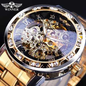 Reloj luminoso mecánico de acero inoxidable con esqueleto masculino analógico con números romanos y diamantes de imitación clásicos