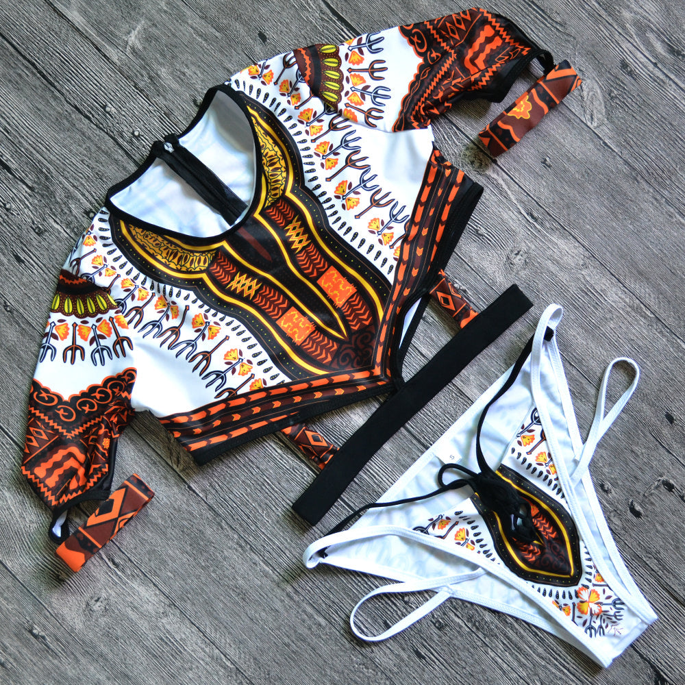 Dashiki Short Sleeve Thong Swimsuit