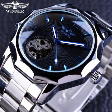 Reloj mecánico masculino con esfera esqueleto transparente con diseño geométrico de océano azul