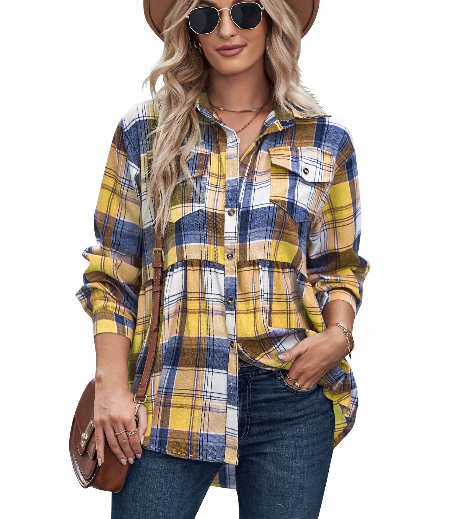 Ladies Lapel Collar Long Sleeve Pocket Plaid Button Up Blouse