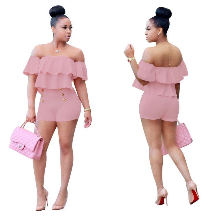 Bodycon Two Piece Off Shoulder Ruffle Crop Top Shorts Set