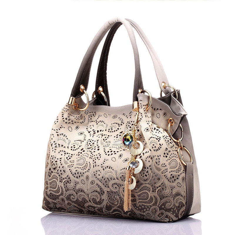 Hollow Out Ombre Floral Print Leather Handbag