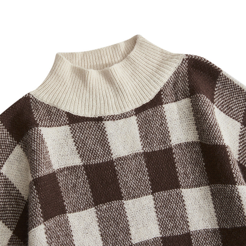 Ladies Half High Neck Plaid Color Matching Sweater