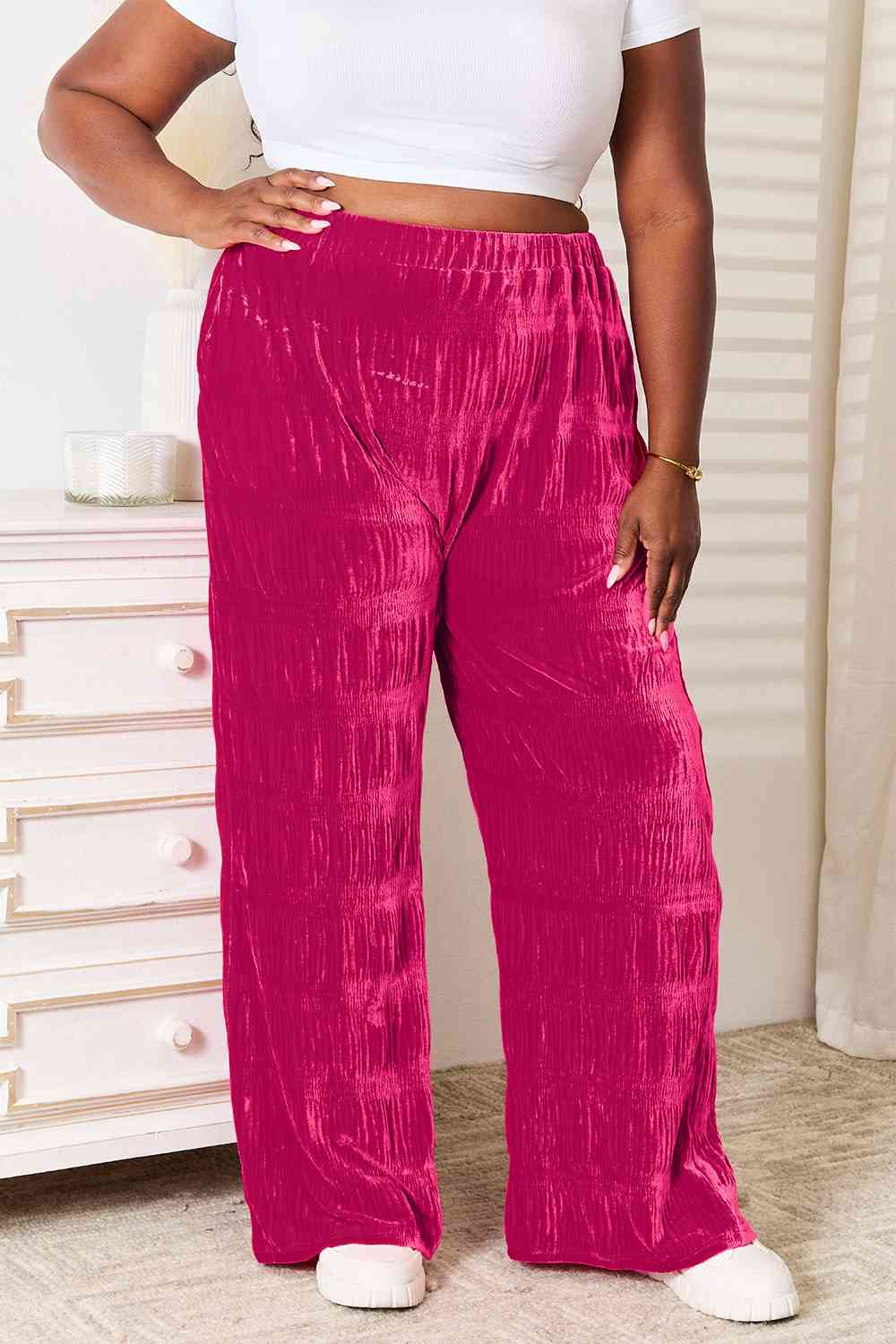 Tiered Shirring Velvet High Waist Wide Leg Pants