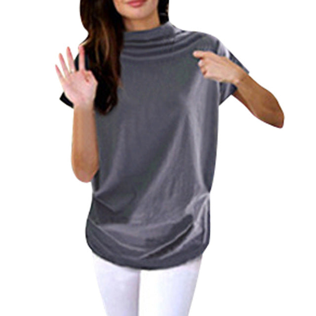 Solid Turtleneck Short Sleeve Blouse (6 colors)