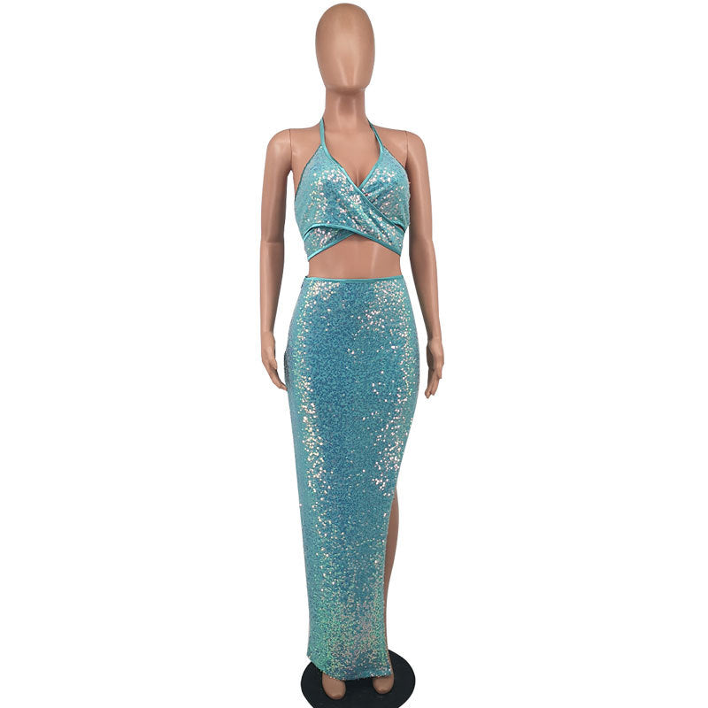 Sequin Two-Piece Halter Neck Slit Maxi Dress