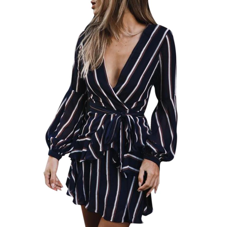 Asymmetrical Lantern Sleeve Striped V-Neck Ruffle Dress