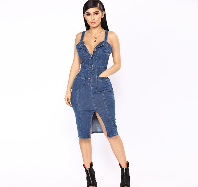 Sleeveless Single Breasted Split Denim Midi Dress