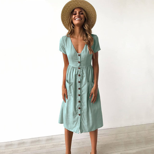 Solid V-neck Button Bohemian Casual Cotton Midi Dress