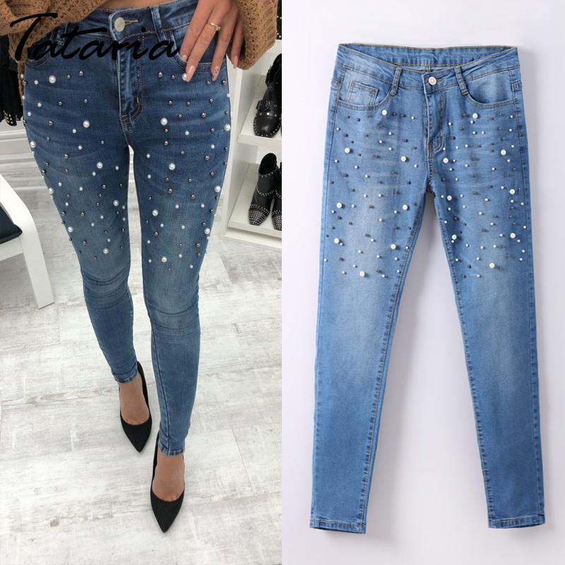 Pearl Detailed Denim Low Waist Skinny Jeans