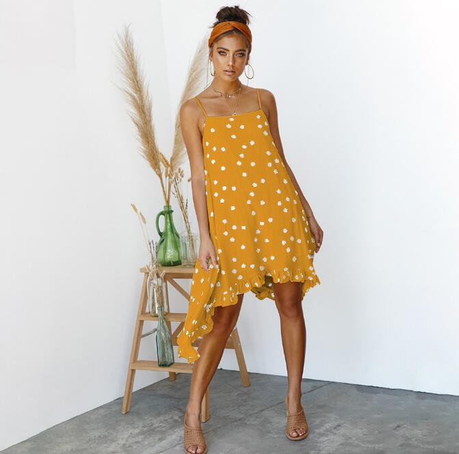 A-line Spaghetti Strap Ruffled Polka Dot Print Bohemian Midi Dress