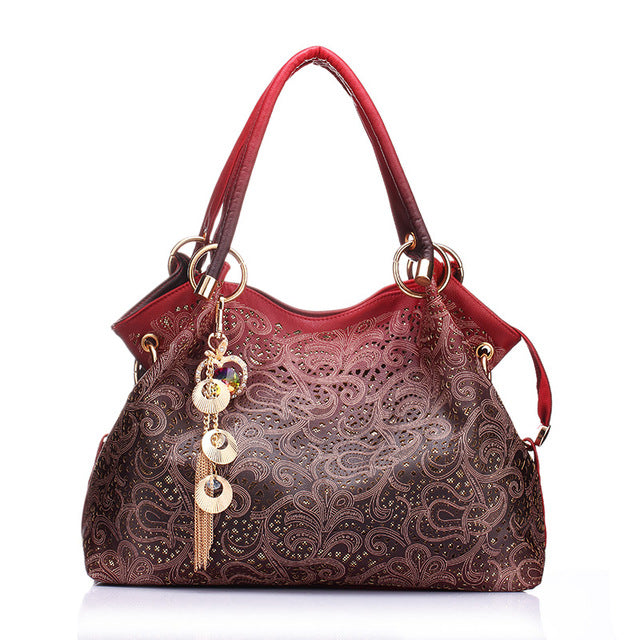 Hollow Out Ombre Floral Print Leather Handbag