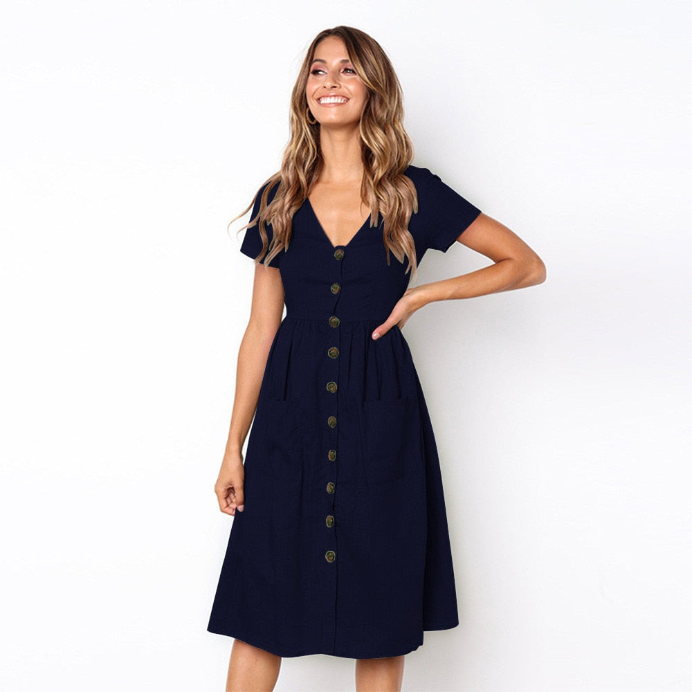 Solid V-neck Button Bohemian Casual Cotton Midi Dress