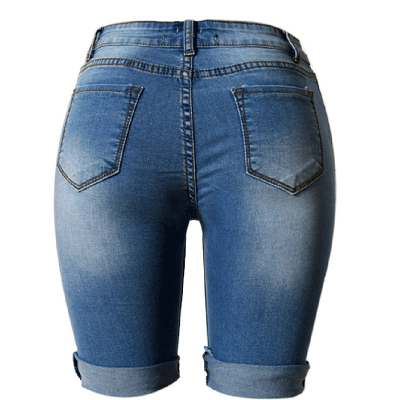 High Waist Ripped Hole Roll Cuff Denim Shorts (Blue, Black, White)