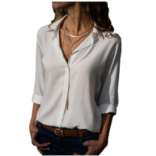 Load image into Gallery viewer, Lossky Long Sleeve Solid V-Neck Chiffon Button Up Blouse (8 colors)