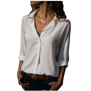Lossky Long Sleeve Solid V-Neck Chiffon Button Up Blouse (8 colors)