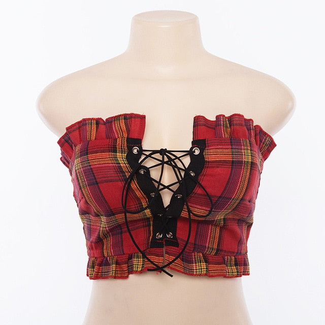 Plaid Ruffle Lace Up Bohemian Tube Top