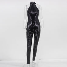 Load image into Gallery viewer, Black Satin Sleeveless Halter Sequin Jumpsuit