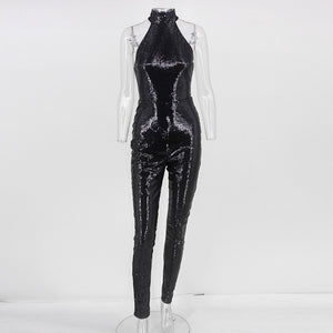 Black Satin Sleeveless Halter Sequin Jumpsuit