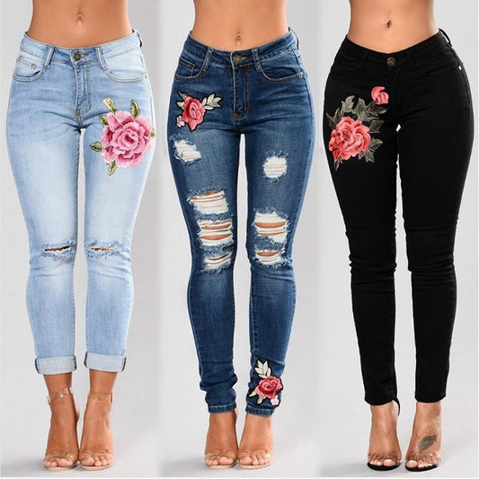 Pantalon Stretchy Ripped Low Rise Rose Embroidery Detail Skinny Jeans (3 colors)