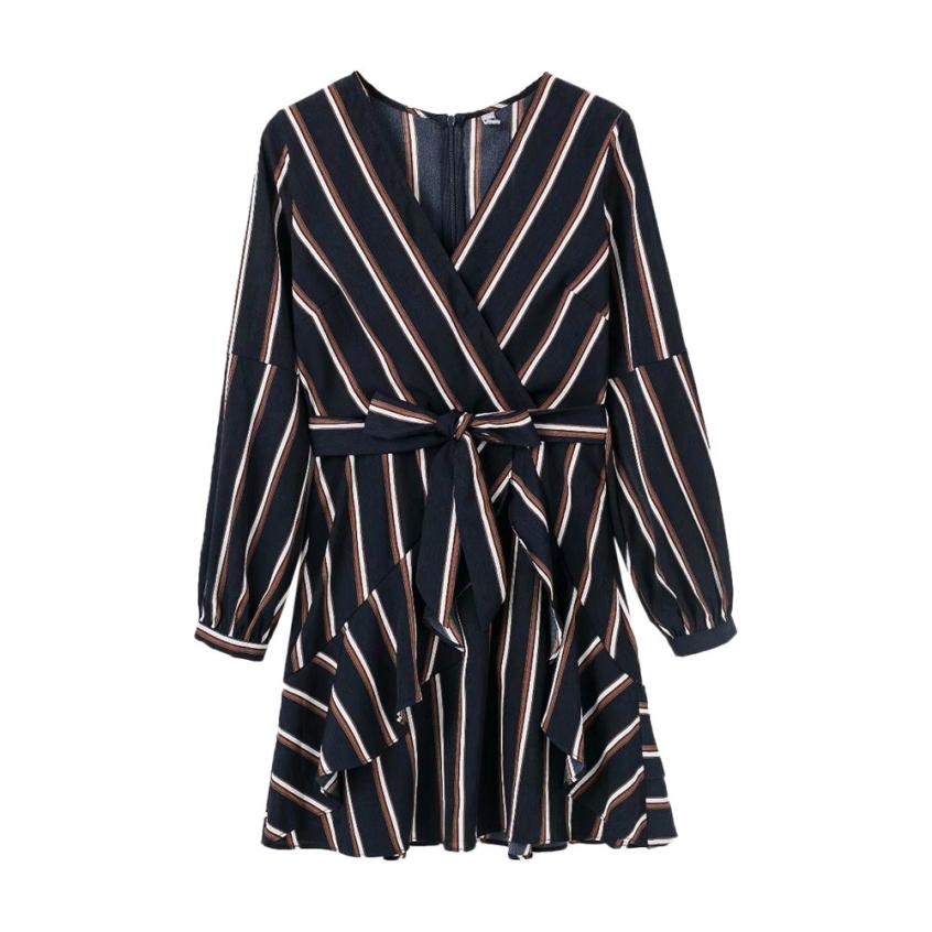 Asymmetrical Lantern Sleeve Striped V-Neck Ruffle Dress