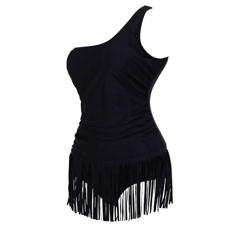 Fringed Black One Piece Backless Plus Size Swimsuit