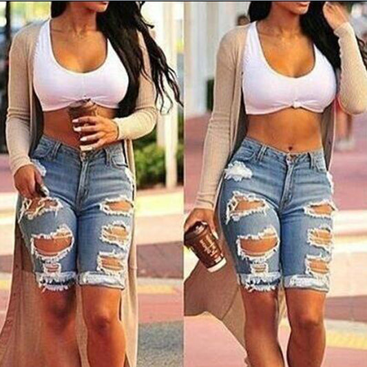 High Waist Ripped Hole Roll Cuff Denim Shorts (Blue, Black, White)