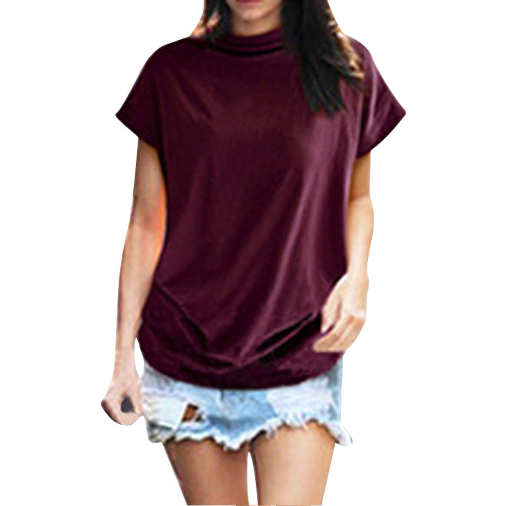 Solid Turtleneck Short Sleeve Blouse (6 colors)