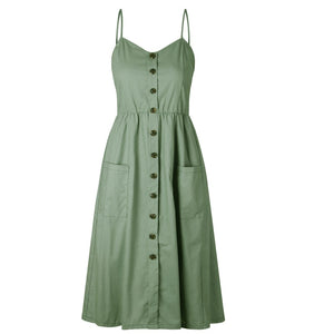 Vintage V-neck A-Line Backless Button Midi Dress