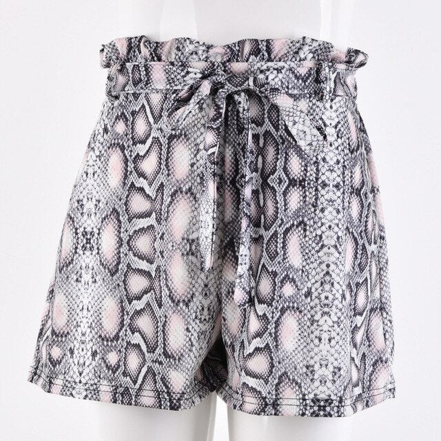 Snake Print High Waist Ruffle Shorts (Black/Khaki)