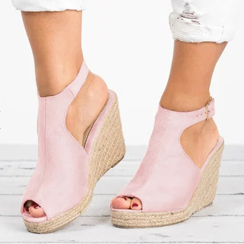 Peep Toe Suede Wedge Ankle Strap Shoes