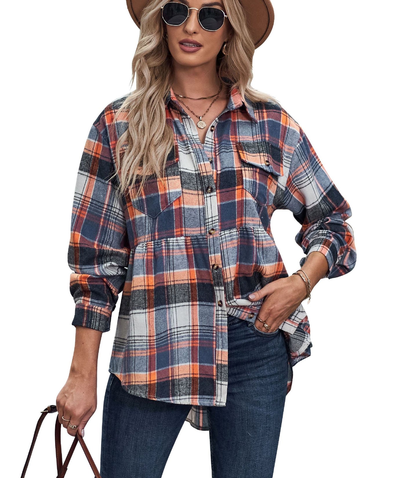 Ladies Lapel Collar Long Sleeve Pocket Plaid Button Up Blouse