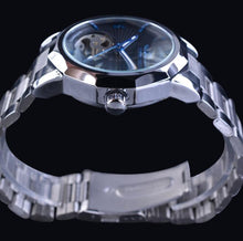 Cargar imagen en el visor de la galería, Reloj mecánico masculino con esfera esqueleto transparente con diseño geométrico de océano azul